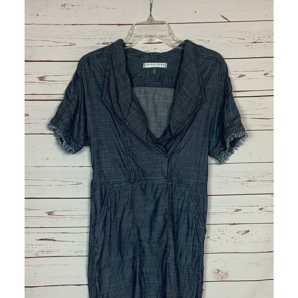 TRINA TURK Women's XS Extra Small Blue Denim Lyocell Linen Short Sleeve Dress - Picture 3 of 11